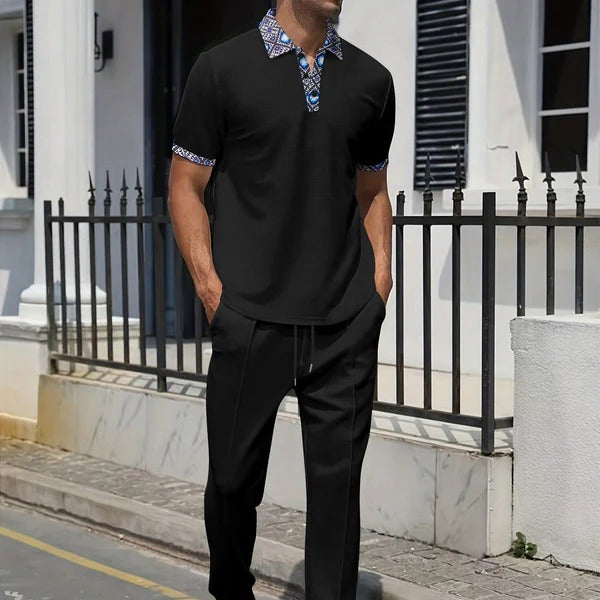Men’s Casual Set – Relaxed Fit Short Sleeve Top – Tapered Drawstring Pants