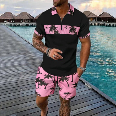 Men’s Casual Suit Set – Zip Polo Shirt – Palm Tree Print – Drawstring Shorts