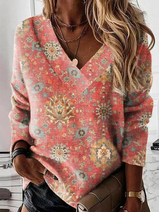 Women’s Sweatshirt – V-Neck – Relaxed Fit – Ornamental Print – Cotton Casual Style
