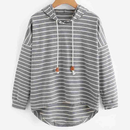 Women’s Hooded Top – Relaxed Fit – Jersey Knit – Striped – High-Low Hem – Drawstring