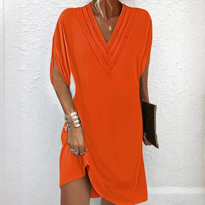 Women’s Mini Dress – Relaxed Fit – V-Neck Pleated – Batwing Sleeve – Flowy Fabric