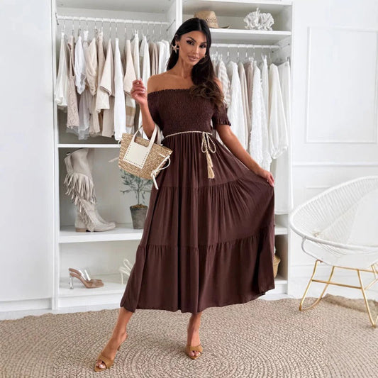 Women’s Maxi Dress – Off-Shoulder – Tiered Skirt – Elastic Waist – Ruffle Detail