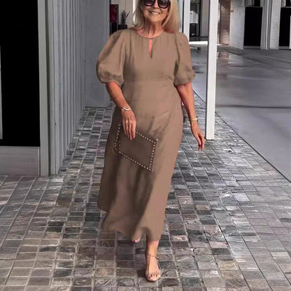 Women’s Maxi Dress – Flowing Fit – Puff Sleeves – Lightweight Draped Fabric – Keyhole Neck