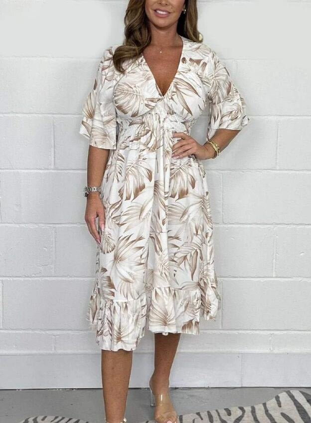 Women’s Midi Dress – Loose Fit – High Waist – Cotton – V-Neck – Ruffle Sleeve – Botanical Print