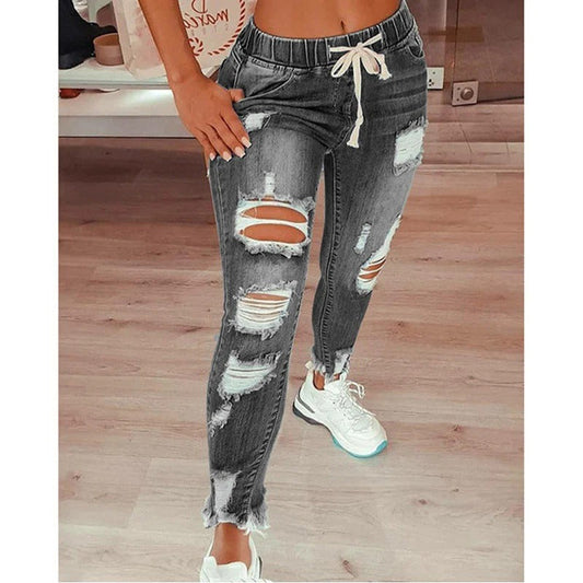 Women’s Casual Pants – Slim Fit – Distressed Denim – Drawstring Waist – Full Length