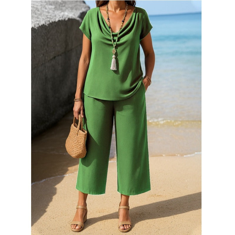 Women’s Two-Piece Set – Draped Collar Blouse – Short Sleeve – Wide-Leg Cropped Trousers