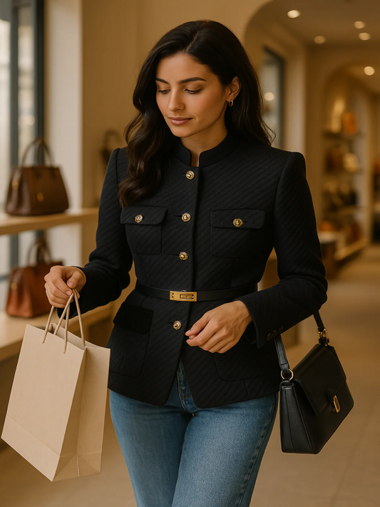 Women’s Blazer – Tailored Fit – Wool Blend – Belted Waist – Mandarin Collar – Pockets