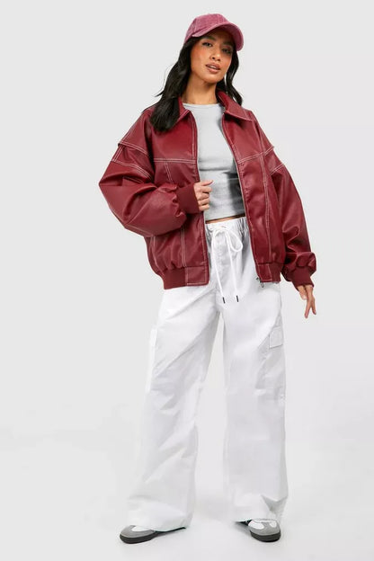 Women’s Leather Jacket – Oversized Fit – Ribbed Cuffs – Zip Front – Hip Length
