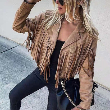 Women’s Leather Jacket – Fringe Detail – Casual Tailored Fit – Hip Length Layering Piece