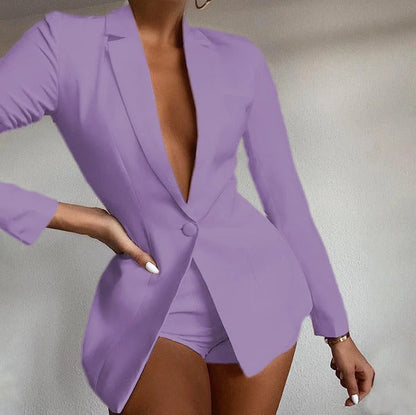 Women’s Blazer Shorts Set – Tailored Fit – Deep V-Neck – Slim Minimalist Design