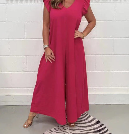Women’s Overalls – Wide Leg Fit – Ruffled Shoulder – V-Neck – Breathable Fabric
