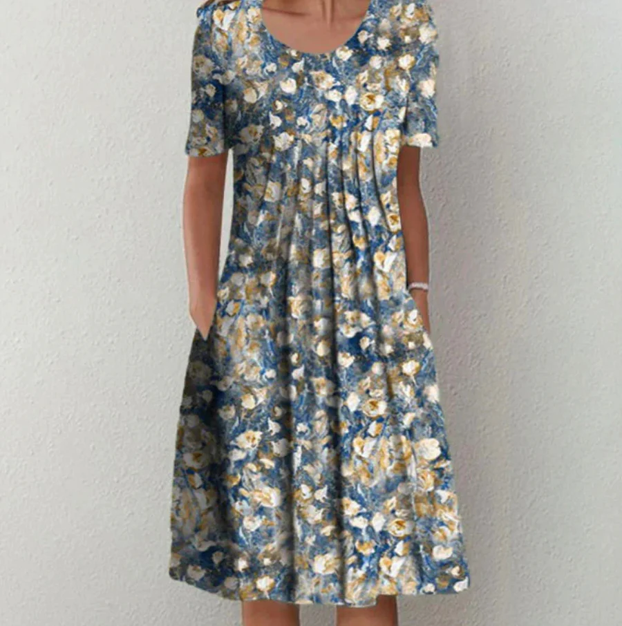 Women’s Midi Dress – A-Line Fit – Breathable Blend – Scoop Neck – Floral Print – Pockets