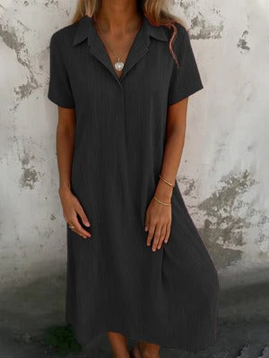 Women’s Shirt Dress – Relaxed Fit – Cotton – Midi Length – Short Sleeve – Casual Wear