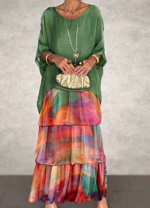 Women’s Maxi Dress – Tiered Flow – Elbow Sleeve Elegance