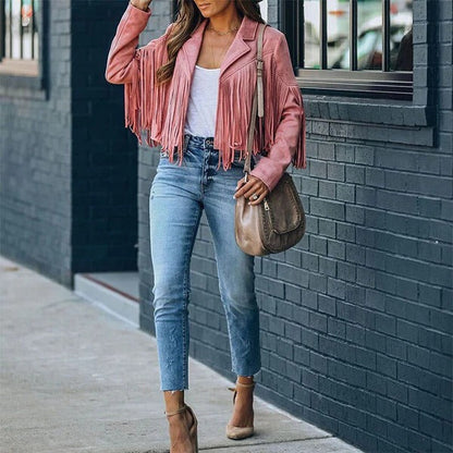 Women’s Leather Jacket – Fringe Detail – Casual Tailored Fit – Hip Length Layering Piece
