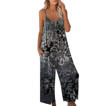 Women’s Jumpsuit – Relaxed Fit – Wide Leg – Spaghetti Straps – Cotton Feel – Casual
