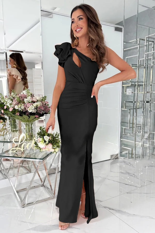 Women’s Evening Gown – Slim Fit – Satin Feel – Asymmetrical Neckline – Ruffle and Slit