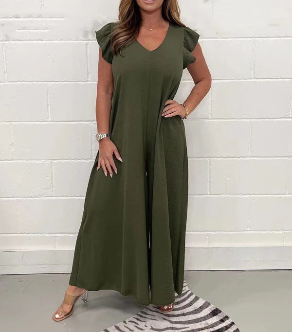 Women’s Overalls – Wide Leg Fit – Ruffled Shoulder – V-Neck – Breathable Fabric