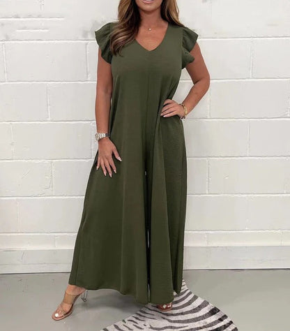 Women’s Overalls – Wide Leg Fit – Ruffled Shoulder – V-Neck – Breathable Fabric