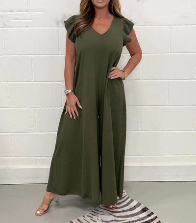 Women’s Overalls – Wide Leg Fit – Ruffled Shoulder – V-Neck – Breathable Fabric