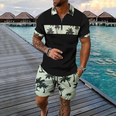 Men’s Casual Suit Set – Zip Polo Shirt – Palm Tree Print – Drawstring Shorts