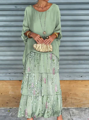 Women’s Maxi Dress – Tiered Flow – Elbow Sleeve Elegance