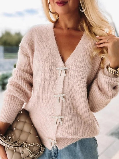 Women’s Knit Top – Relaxed Fit – V-Neck – Long Sleeve – Soft Wool Feel – Bow Detail