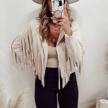 Women’s Leather Jacket – Fringe Detail – Casual Tailored Fit – Hip Length Layering Piece
