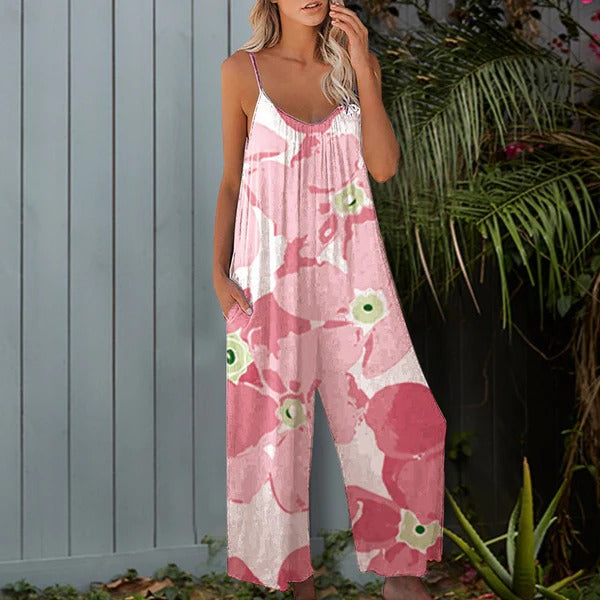 Women’s Jumpsuit – Relaxed Fit – Wide Leg – Spaghetti Straps – Cotton Feel – Casual