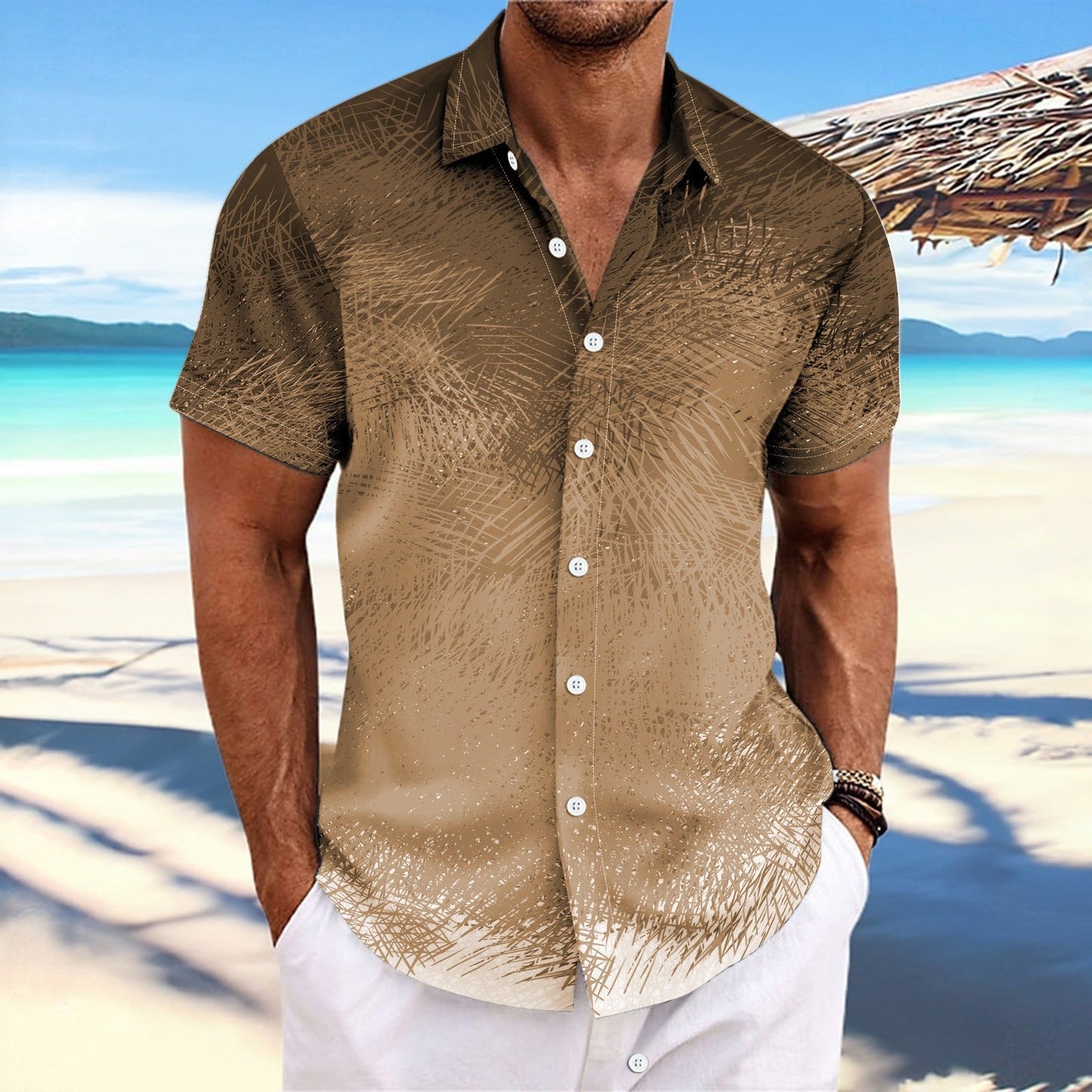 Men’s Short Sleeve Shirt – Relaxed Fit – Button Down – Gradient Stripe Print
