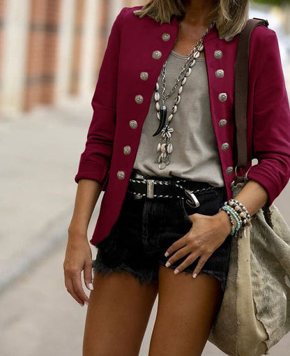 Women’s Tailored Jacket – Woven Fabric – Stand Collar – Button Front Structured Fit