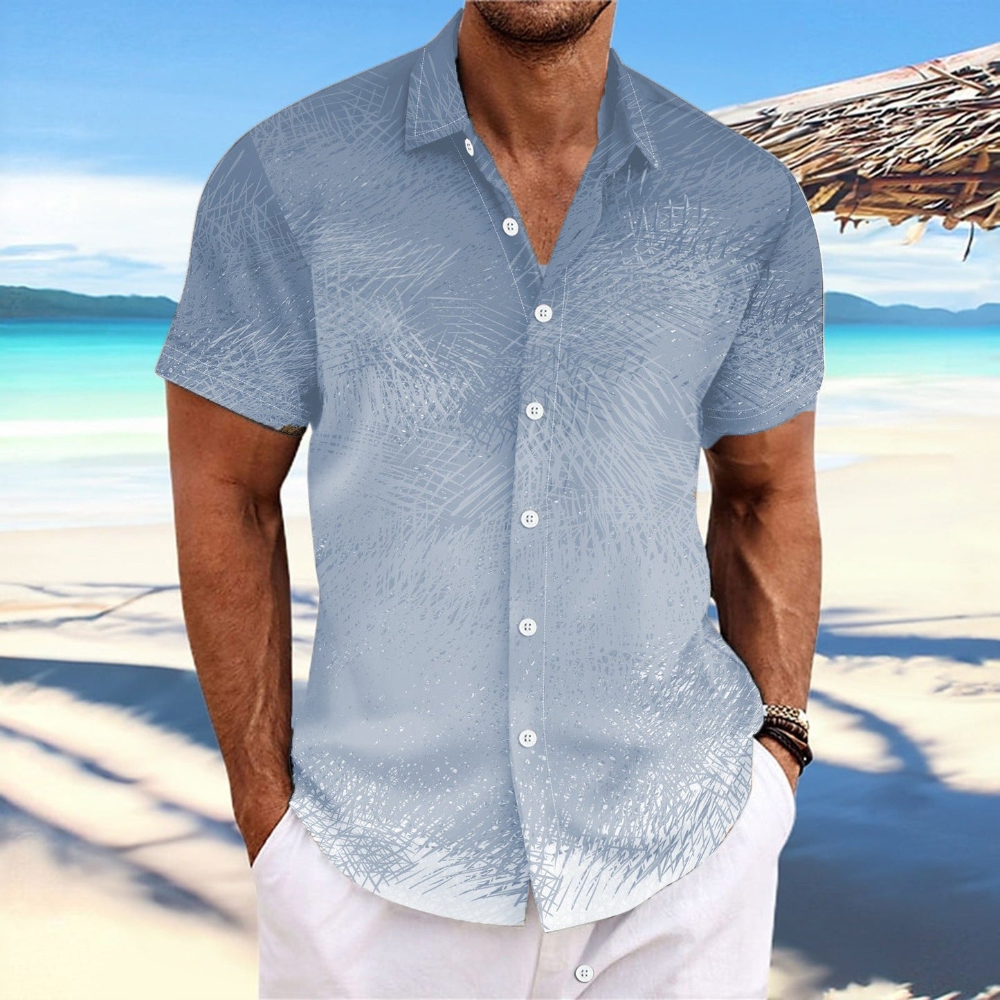Men’s Short Sleeve Shirt – Relaxed Fit – Button Down – Gradient Stripe Print