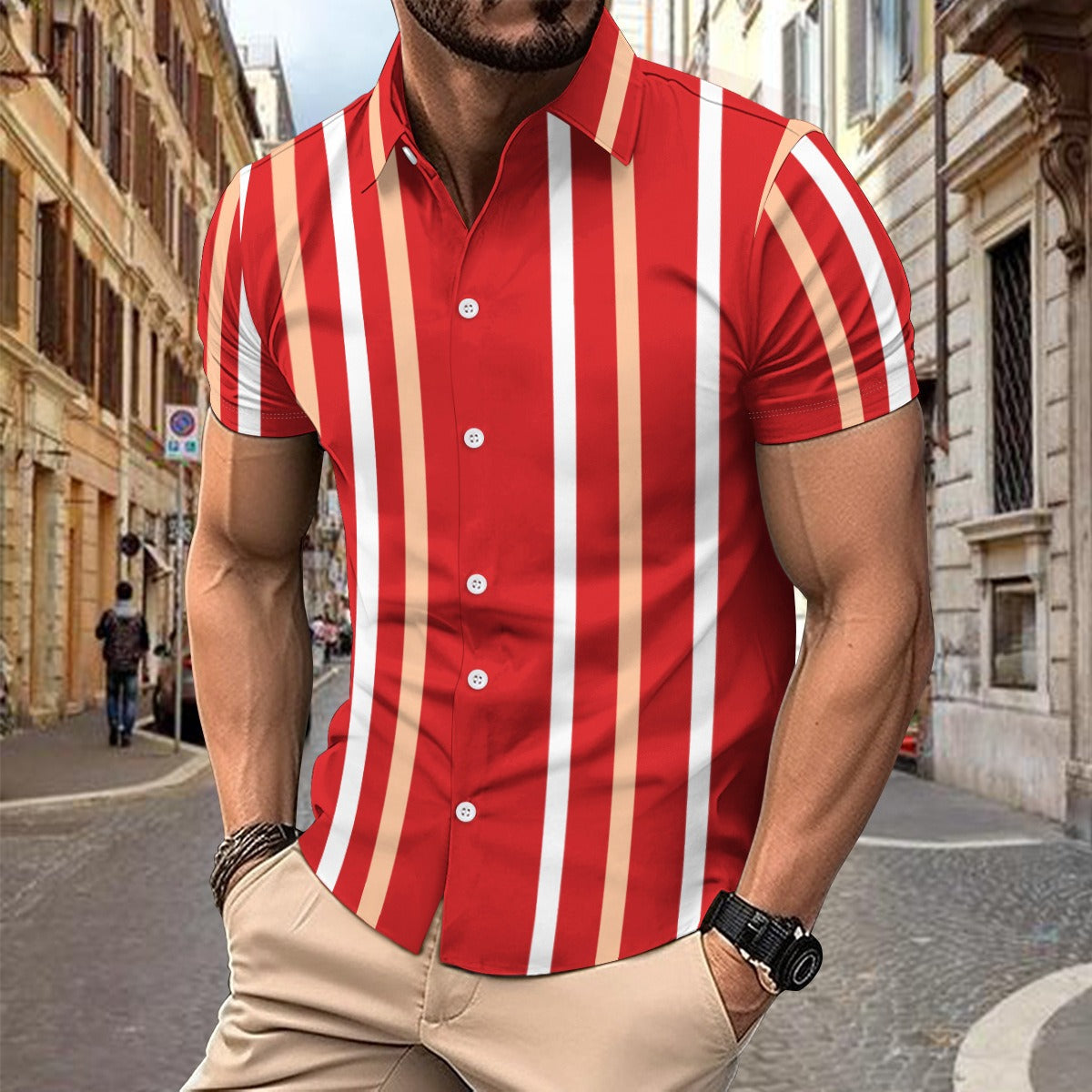 Men’s Short Sleeve Shirt – Slim Fit – Cotton – Vertical Stripe – Button Up Casual