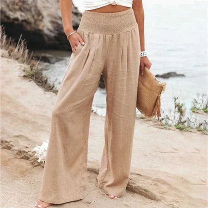 Women’s Wide-Leg Trousers – High Elastic Waist – Linen – Relaxed Full-Length Fit