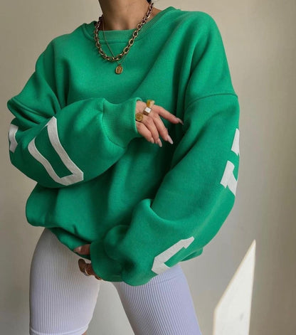 Women’s Oversized Sweatshirt – Cotton Blend – Long Sleeve – Graphic Sleeve Detail