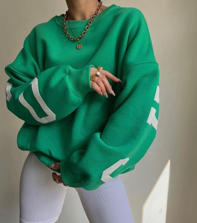 Women’s Oversized Sweatshirt – Cotton Blend – Long Sleeve – Graphic Sleeve Detail
