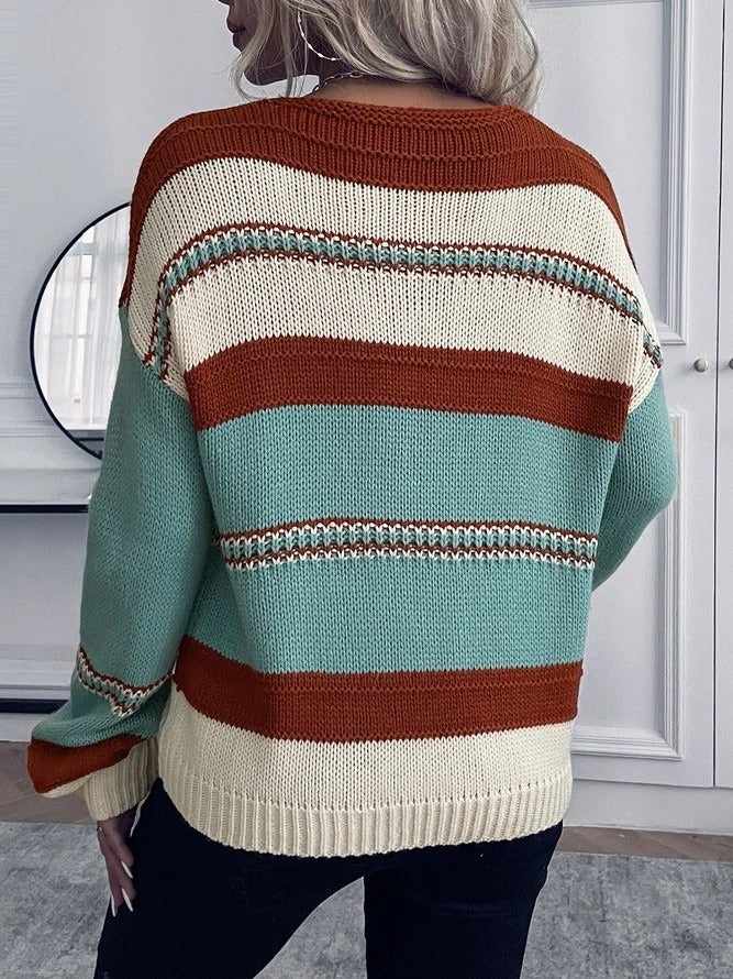 Women’s Sweatshirt – Relaxed Fit Knit – V-Neck – Striped – Long Sleeve Casual Top