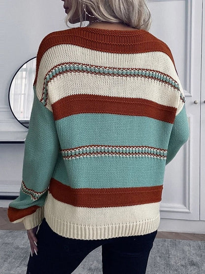 Women’s Sweatshirt – Relaxed Fit Knit – V-Neck – Striped – Long Sleeve Casual Top