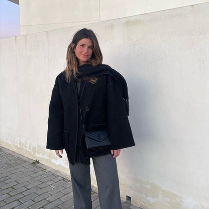 Women’s Wool Coat – Oversized Fit – Full Length – Button Front – Matching Scarf