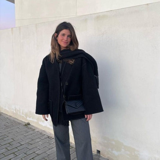 Women’s Wool Coat – Oversized Fit – Full Length – Button Front – Matching Scarf