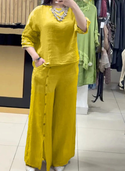 Women’s Two-Piece Set – Linen – Relaxed Fit Top – Wide-Leg Trousers with Button Detail