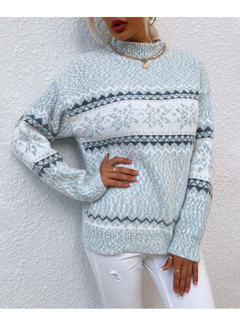 Women’s Pullover Sweater – Wool Knit – Relaxed Fit – Snowflake Pattern – High Neck