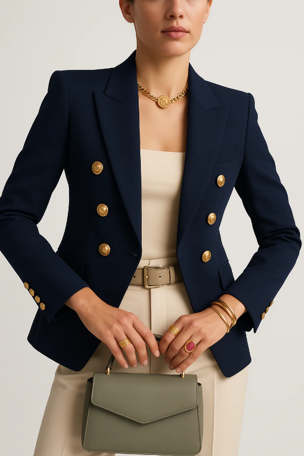 Women’s Blazer – Tailored Fit – Wool Blend – Double-Breasted – Peak Lapel Formal Jacket