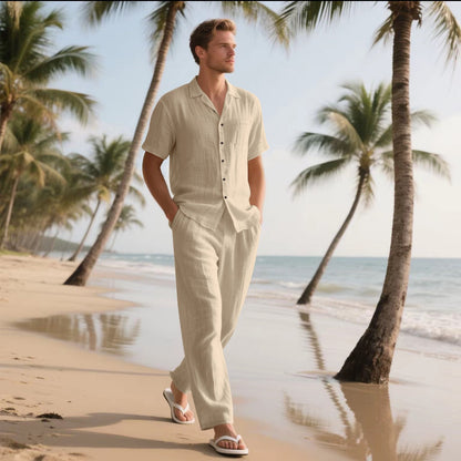 Men’s Shirt and Pants Set – Linen – Relaxed Fit – Short Sleeve – Elastic Waist