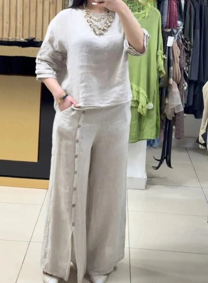 Women’s Two-Piece Set – Linen – Relaxed Fit Top – Wide-Leg Trousers with Button Detail