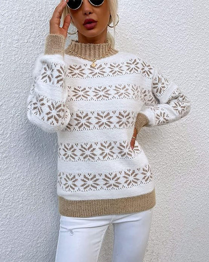 Women’s Knit Sweater – Wool Blend – Half Turtleneck – Snowflake Pattern – Relaxed Fit