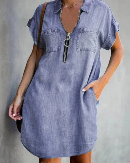Women’s Denim Mini Dress – Relaxed Fit – Zipper Front – Short Sleeve – Utility Pockets