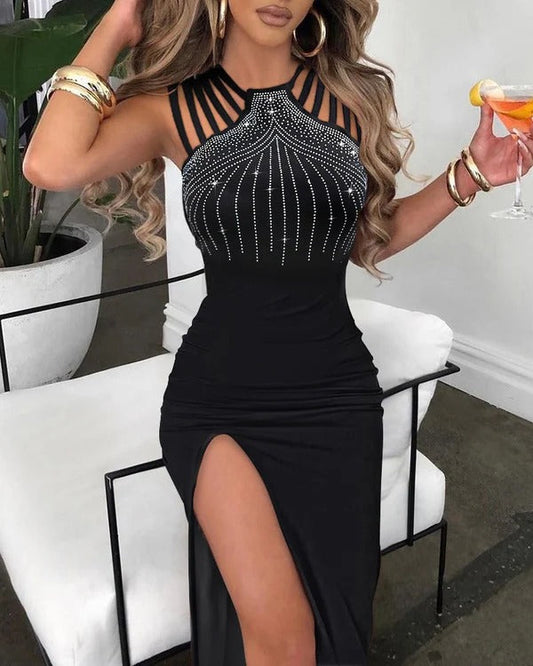 Women’s Maxi Dress – Strappy Bodice – Sparkling Detail – High Slit