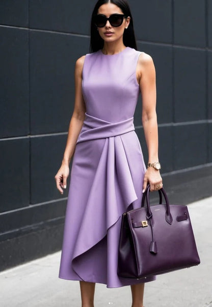 Women’s Sheath Dress – Slim Fit – Asymmetrical Draped Front – Knee Length Sleeveless
