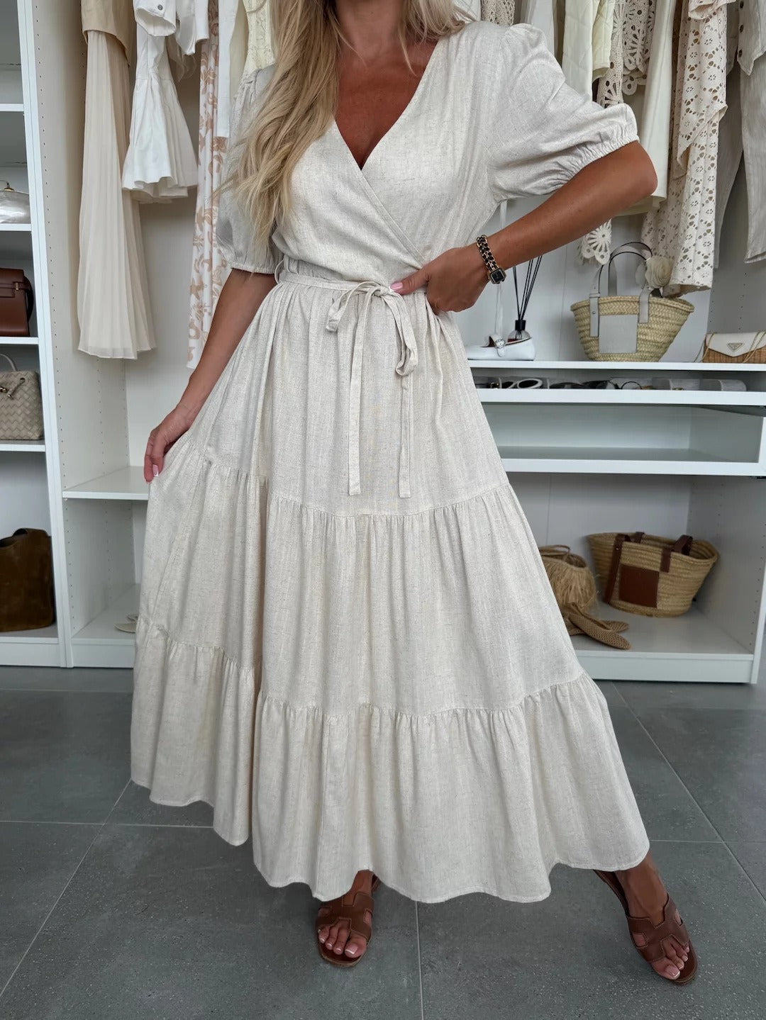 Women’s Maxi Dress – A-Line Fit – Wrap Front – Puff Sleeve – Belted Tiered Skirt